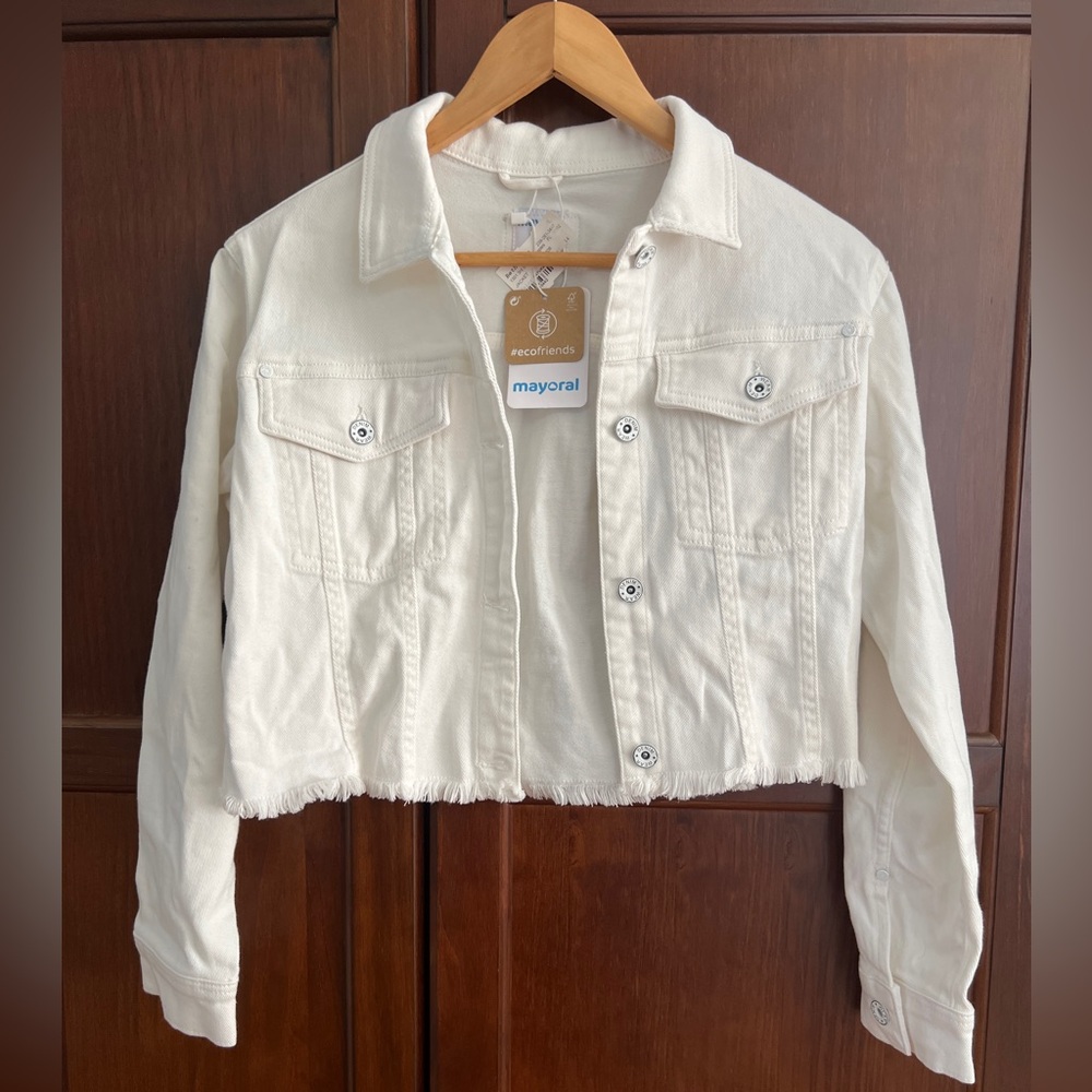 Mayoral Back to School Cropped Cotton Denim Jacket Raw Hem Girls 14 NWT